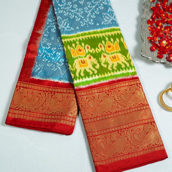 TWILL IKATT SKY BLUE AND RED COLOR SAREE