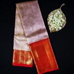 Kanchipuram Silk Lilac Pink Brocade Tissue Saree with Red Border